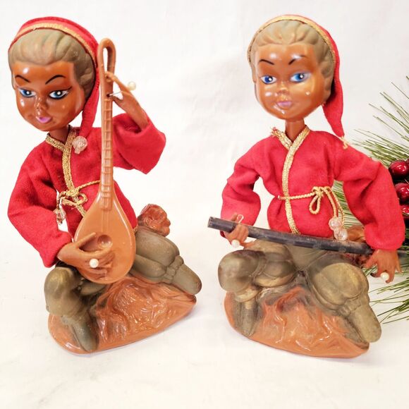 2 Vintage 1960s Retro 7" Pixie Elf Imps Gold Christmas Musicians Figurines Tilso - Picture 1 of 13